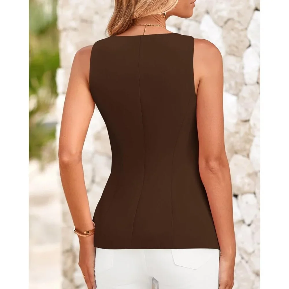 Women's Coffee Sleeveless Suit Vests Dressy Casual Square Neck Business Work